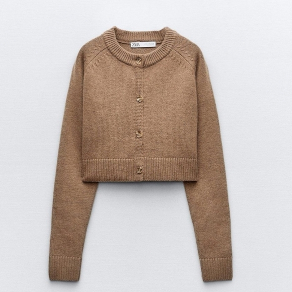 Zara Sweaters - NWT ZARA 100% Lamb Wool Brown Crop Button Up Sweater Size SMALL